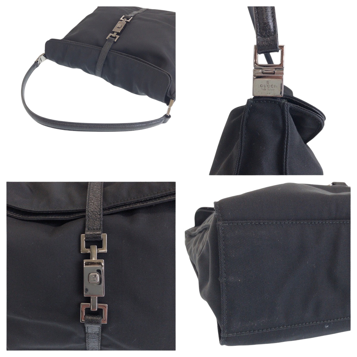 Gucci Shoulder Bag 001 3355 Nylon Black Silver Metal Jackie Women