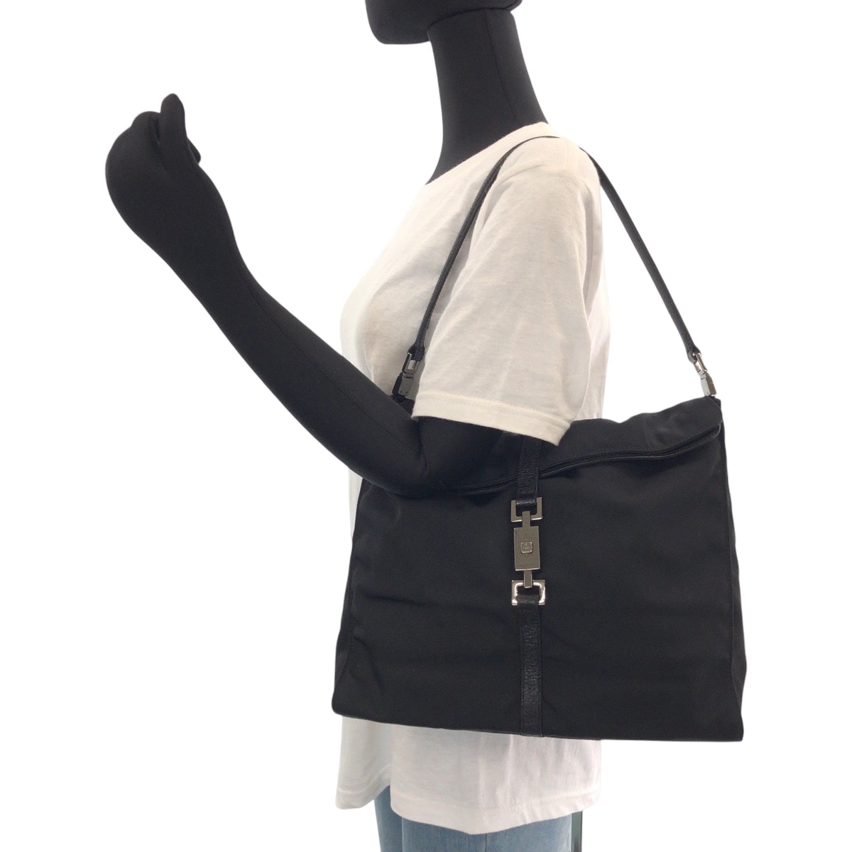 Gucci Shoulder Bag 001 3355 Nylon Black Silver Metal Jackie Women
