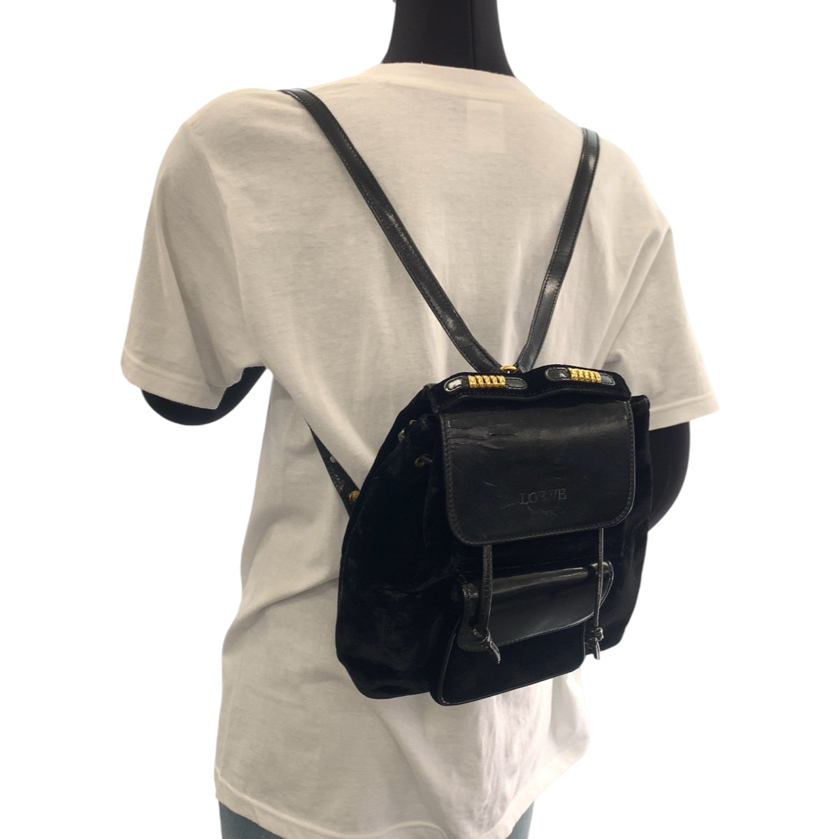 Loewe Backpack Patent Leather, Suede Black Gold Metal Backpack Backpack Velazquez Logo Women