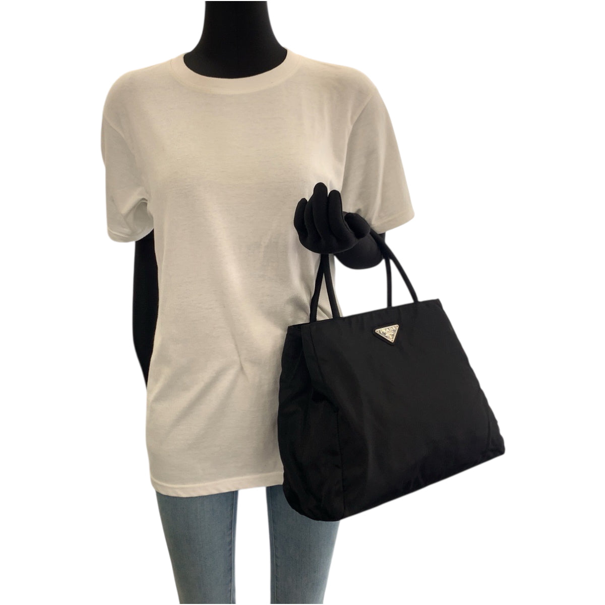 Prada Tote Bag Nylon Black Silvermetal Tote Bag Handbag Test Triangle With Logo Women