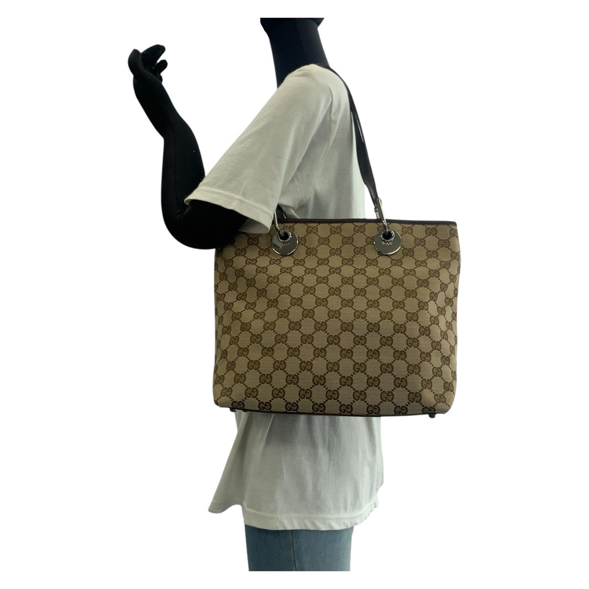 Gucci Tote Bag 139552 Gg Canvas, Leather Brown Silver Metal Tote Bag Shoulder Bag Women