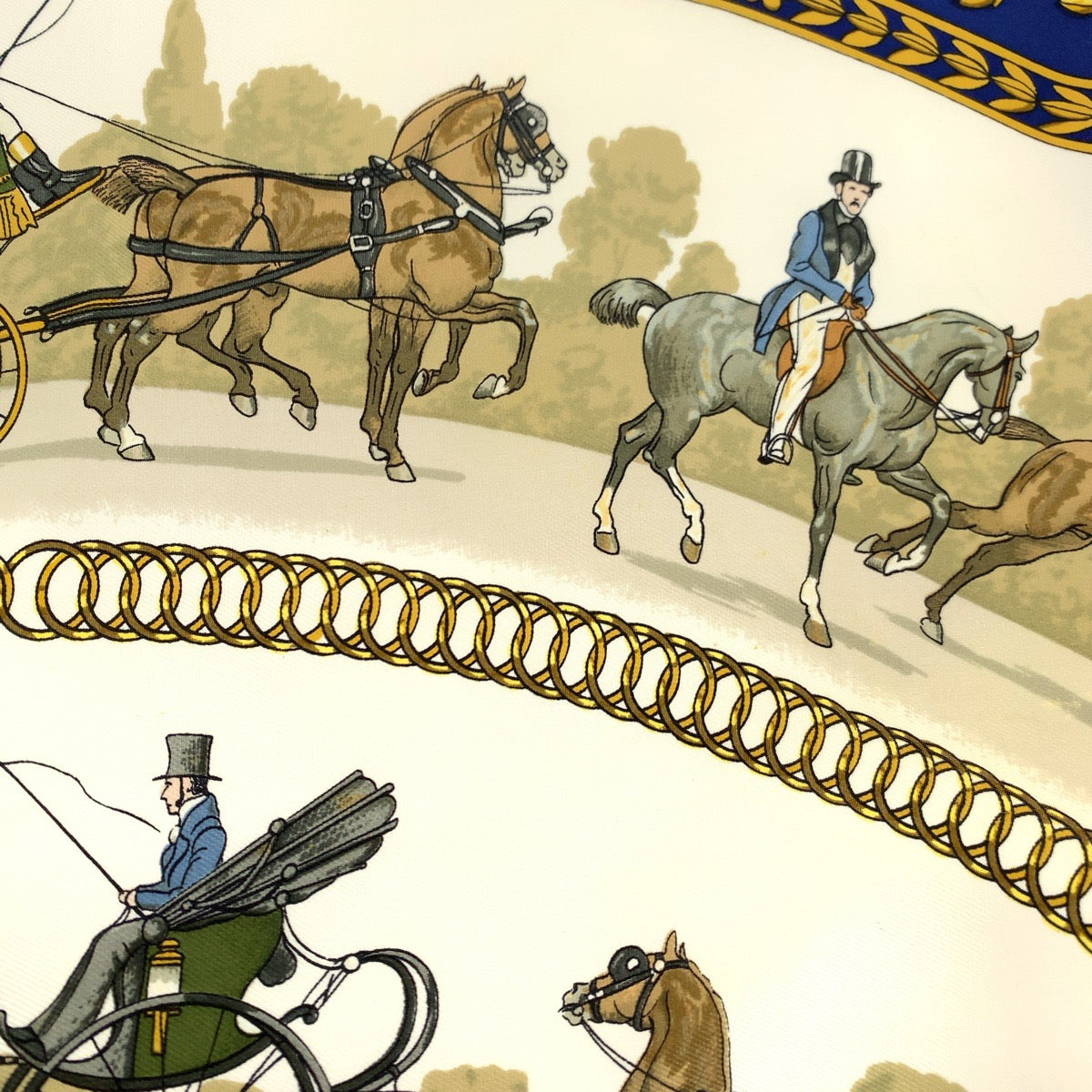 Hermes Scarf Silk Blue Multicolor Large Format Calfskin Carre90 La Promenade De Longchamps Women