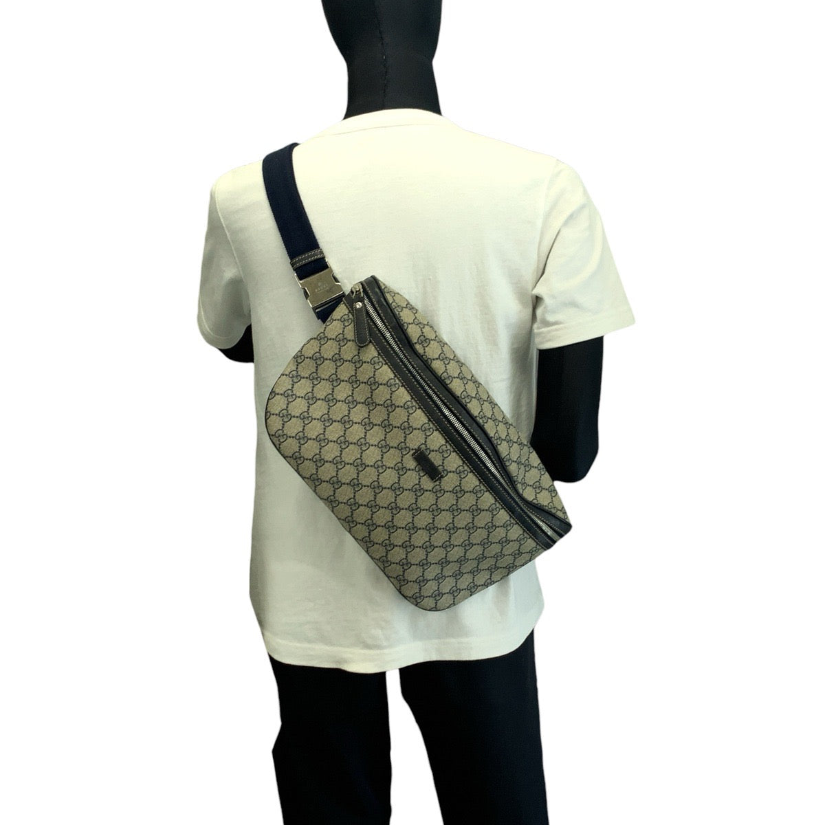 Gucci Shoulder Bag 211110 Gg Supreme Canvas Beige Navy Silvermetal Shoulder Bag Bum Bag Sling Bag