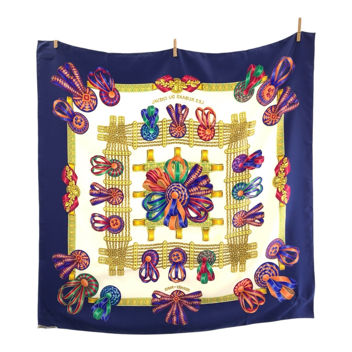 Hermes Scarf Silk Blue Multicolor Les Rubans Du Cheval Carre90