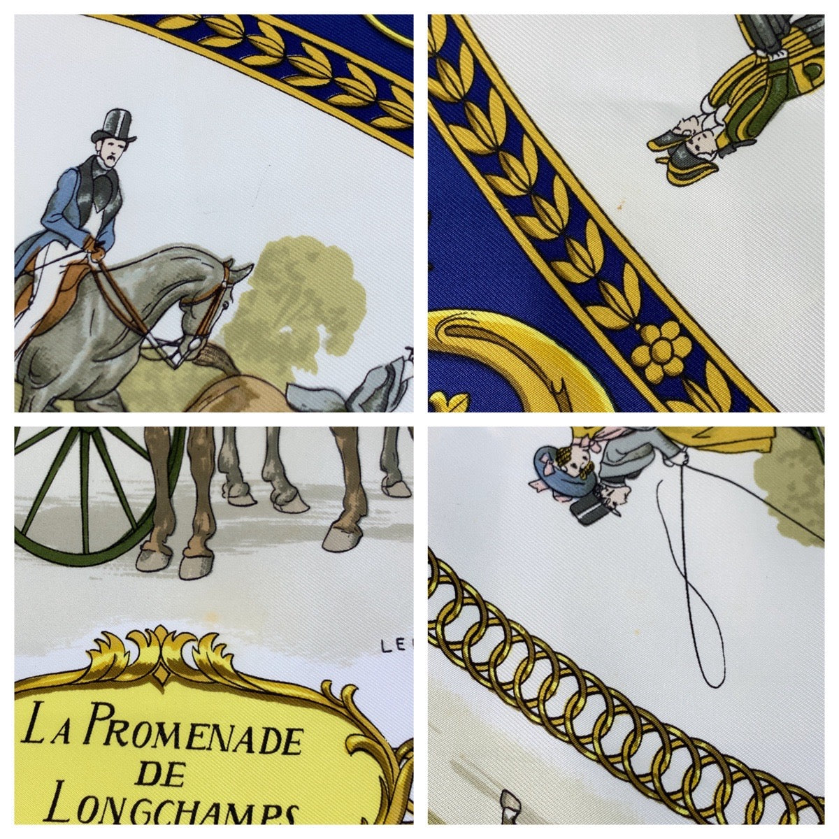Hermes Scarf Silk Blue Multicolor La Promenade De Longchamps Carre90