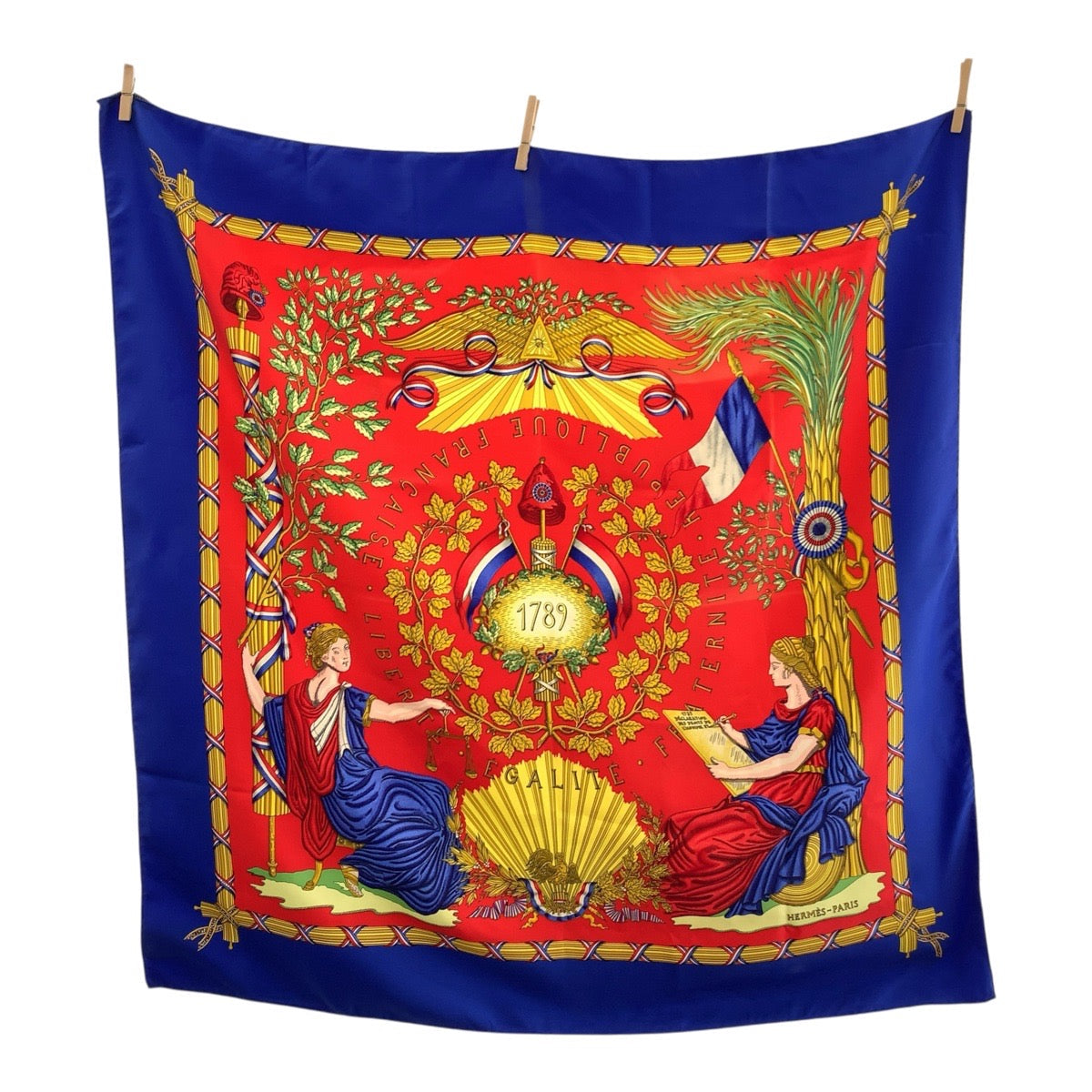 Hermes Scarf Silk Red Blue Multi Color 1789 Liberte Egalite Fraternite Republiq Carre90