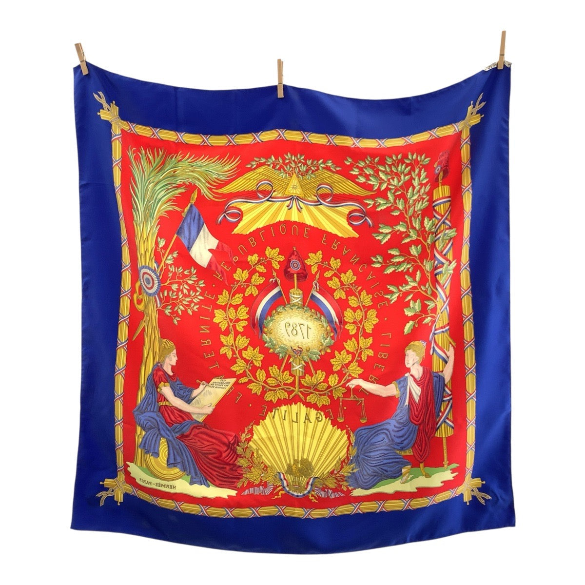 Hermes Scarf Silk Red Blue Multi Color 1789 Liberte Egalite Fraternite Republiq Carre90