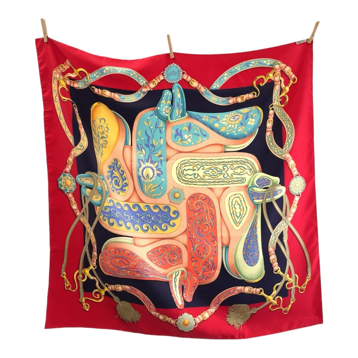 Hermes Scarf Silk Red Multicolor Scarf Large Scarf Festival Carre90 Women