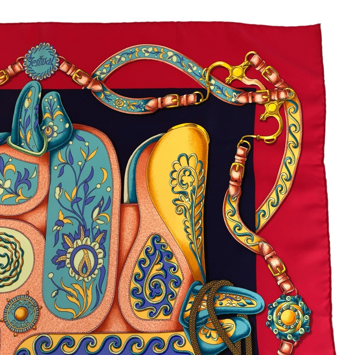 Hermes Scarf Silk Red Multicolor Scarf Large Scarf Festival Carre90 Women