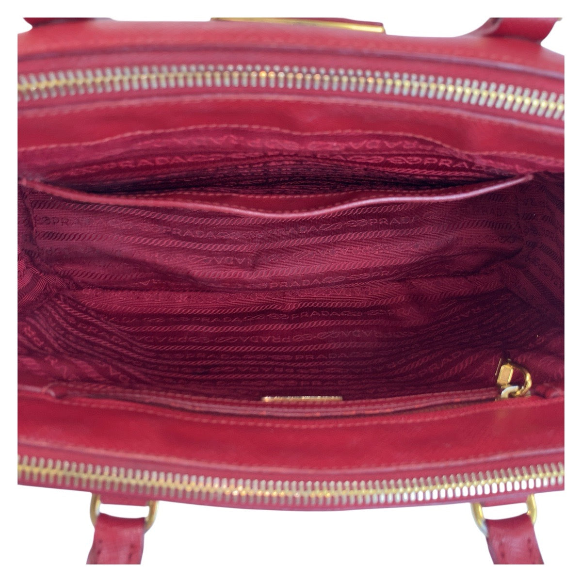 Prada Handbag Leather Red Gold Metal Handbag Tote Bag Safiano Galleria Women