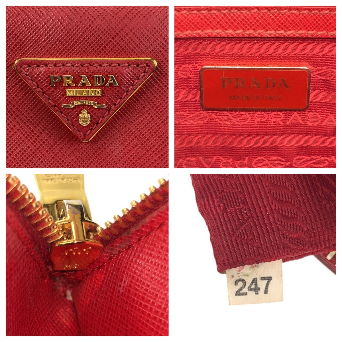Prada Handbag Leather Red Gold Metal Handbag Tote Bag Safiano Galleria Women