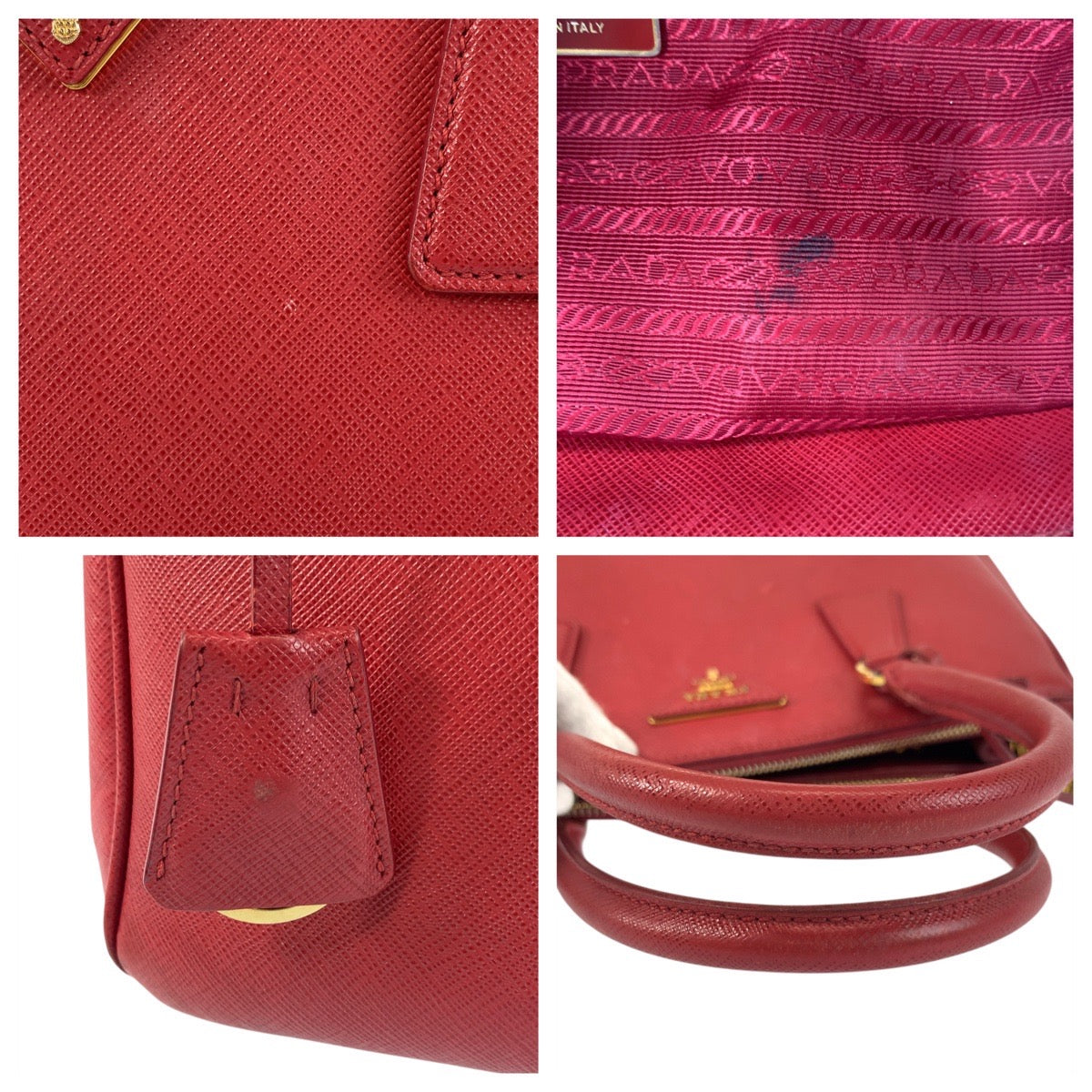 Prada Handbag Leather Red Gold Metal Handbag Tote Bag Safiano Galleria Women