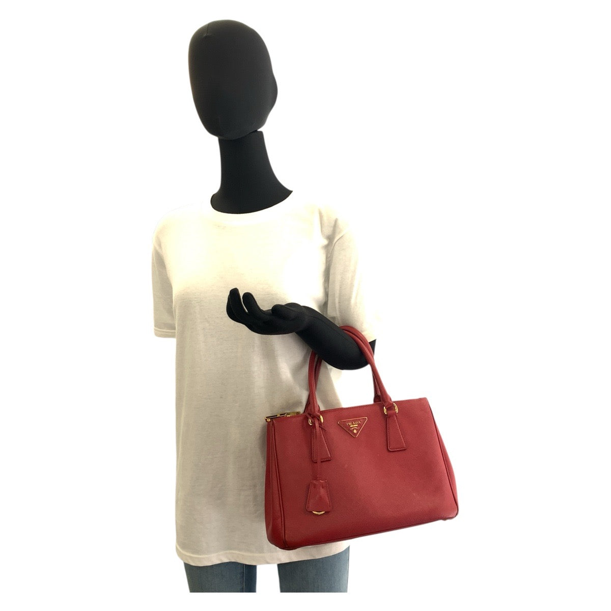 Prada Handbag Leather Red Gold Metal Handbag Tote Bag Safiano Galleria Women