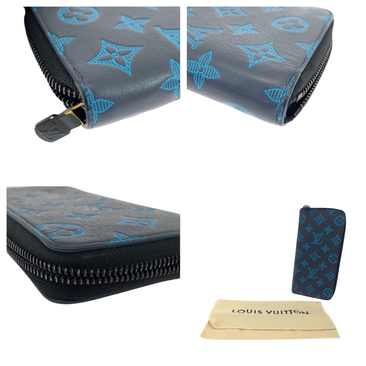 Louis Vuitton Long Wallet Purse M80423 Calfskin Navy Blue Black Metal Long Wallet Purse Zip Around