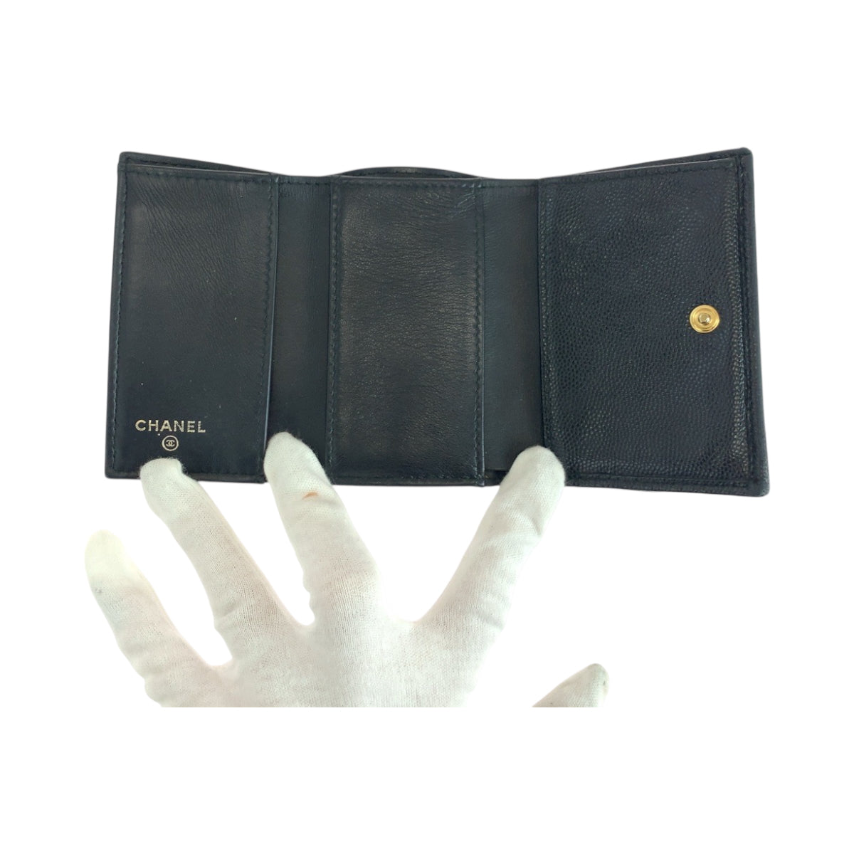 Chanel Tri-Fold Wallet Caviar Skin Black Goldmetal Folding Wallet Compact Wallet Boy Chanel Small