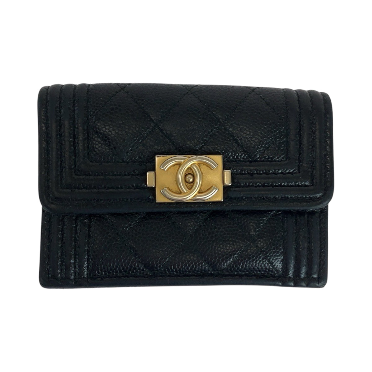 Chanel Tri-Fold Wallet Caviar Skin Black Goldmetal Folding Wallet Compact Wallet Boy Chanel Small