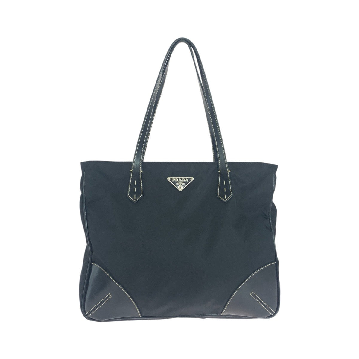 Prada Tote Bag Nylon Black Silver Metal Test Triangle With Logo