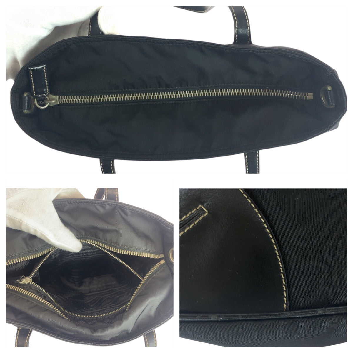 Prada Tote Bag Nylon Black Silver Metal Test Triangle With Logo