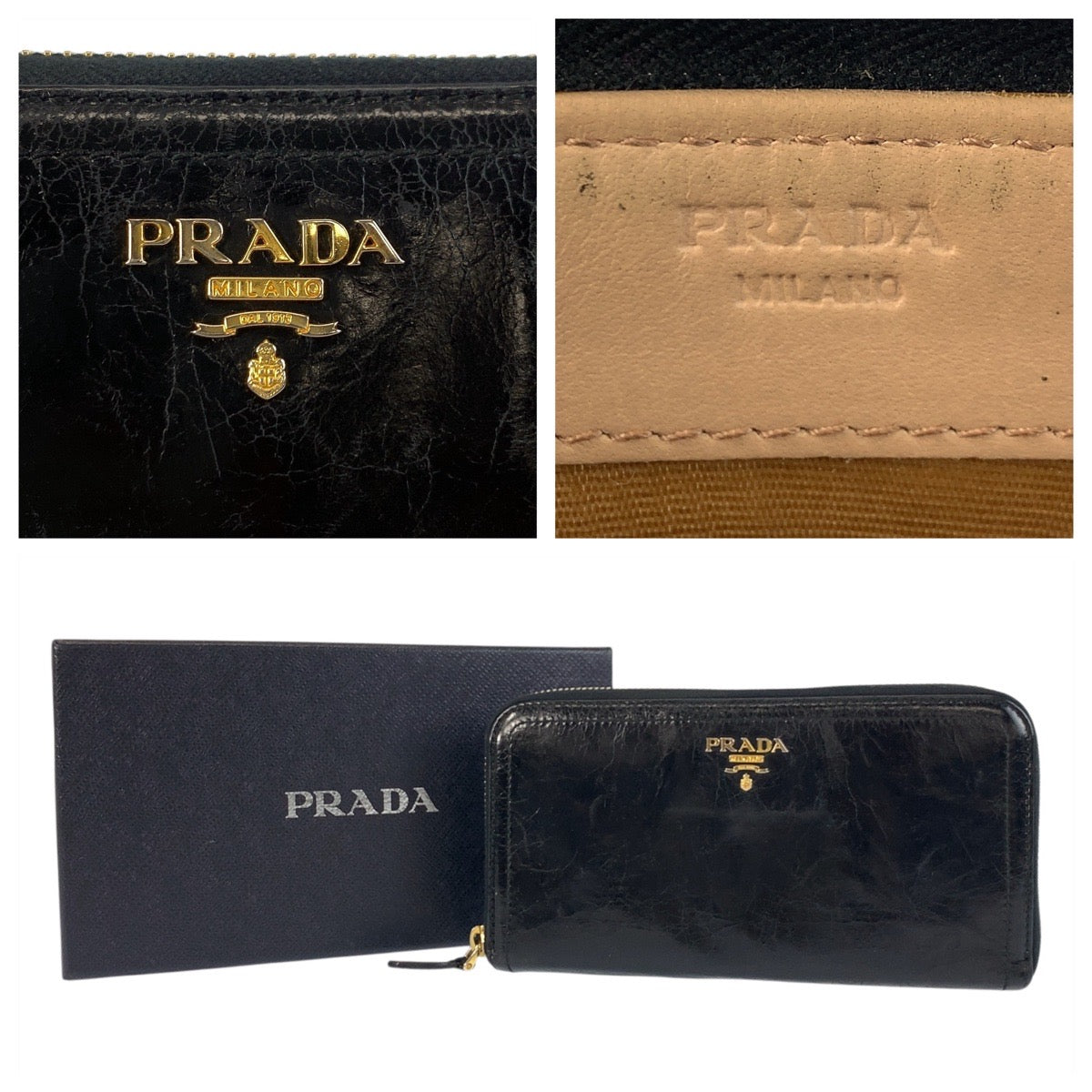 Prada Long Wallet Purse Leather Black Gold Metal Logo
