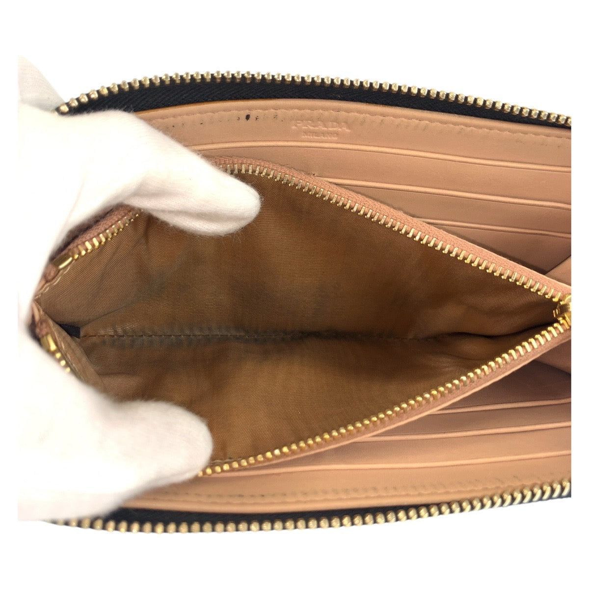 Prada Long Wallet Purse Leather Black Gold Metal Logo