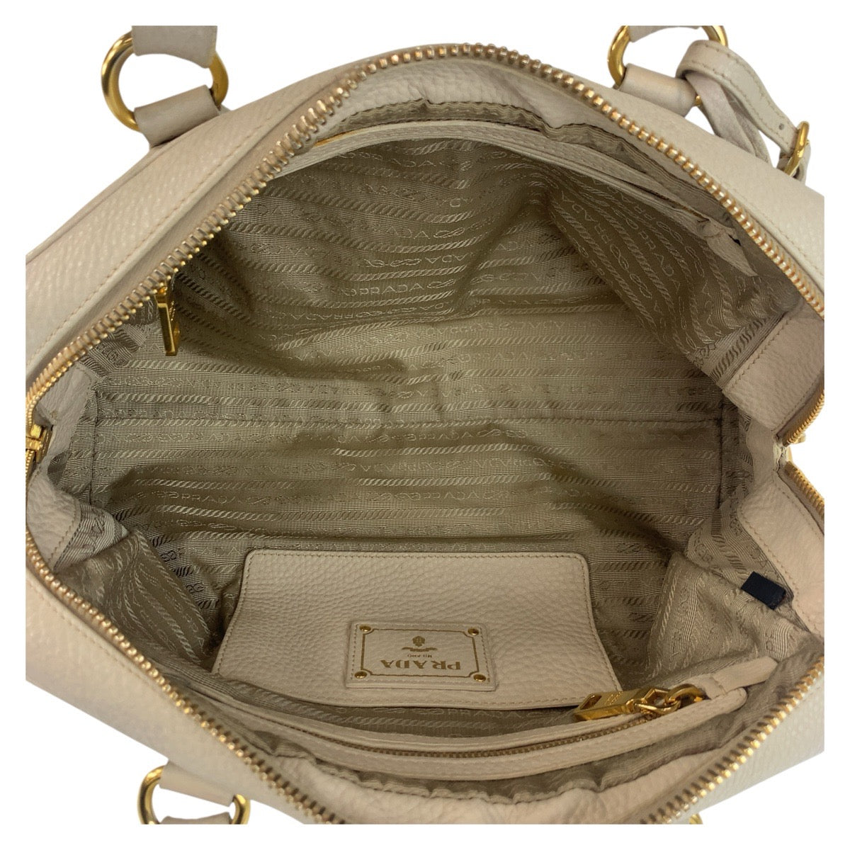Prada Handbag Leather Beige Ivory Gold Metal Vitterodino Triangle With Logo