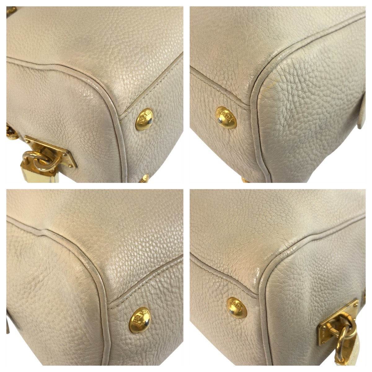 Prada Handbag Leather Beige Ivory Gold Metal Vitterodino Triangle With Logo