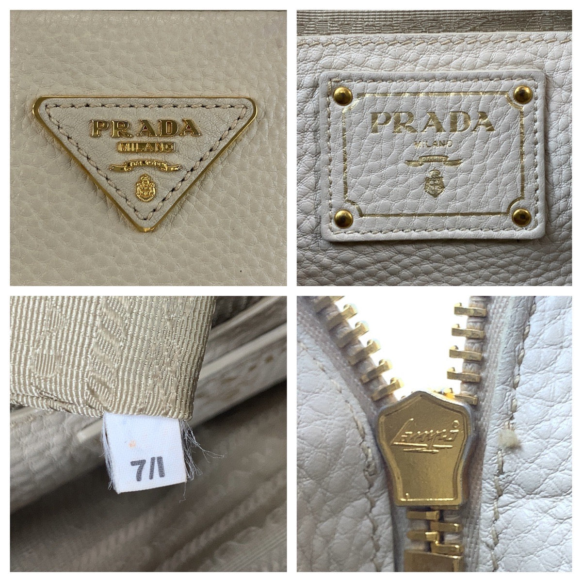 Prada Handbag Leather Beige Ivory Gold Metal Vitterodino Triangle With Logo