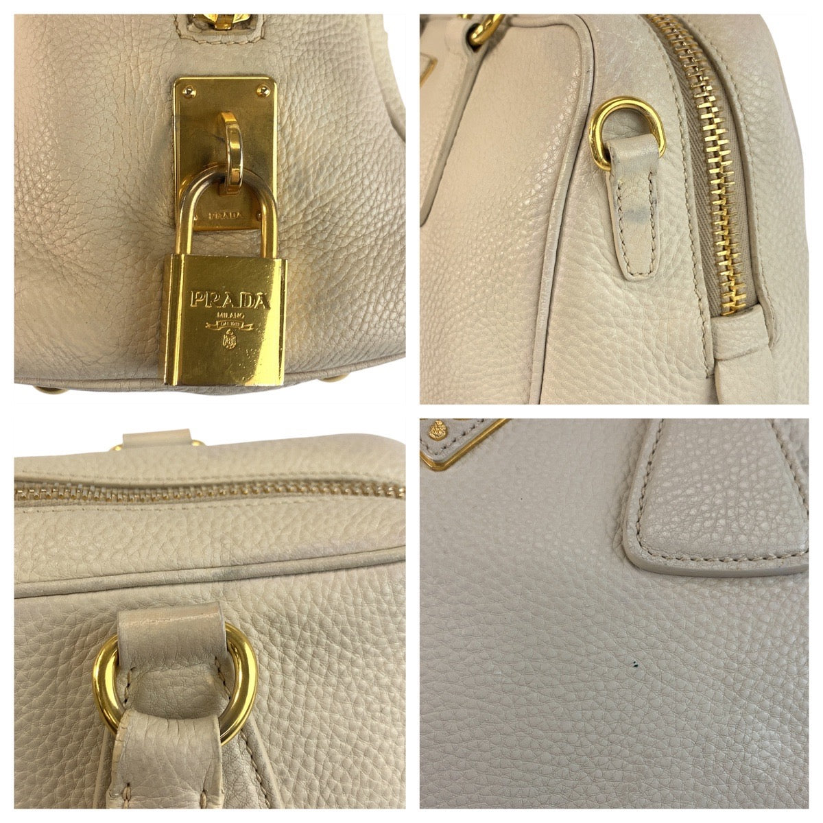 Prada Handbag Leather Beige Ivory Gold Metal Vitterodino Triangle With Logo