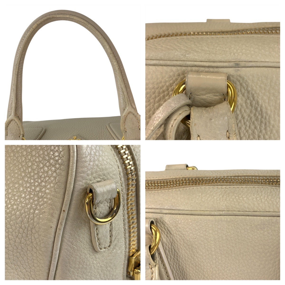 Prada Handbag Leather Beige Ivory Gold Metal Vitterodino Triangle With Logo