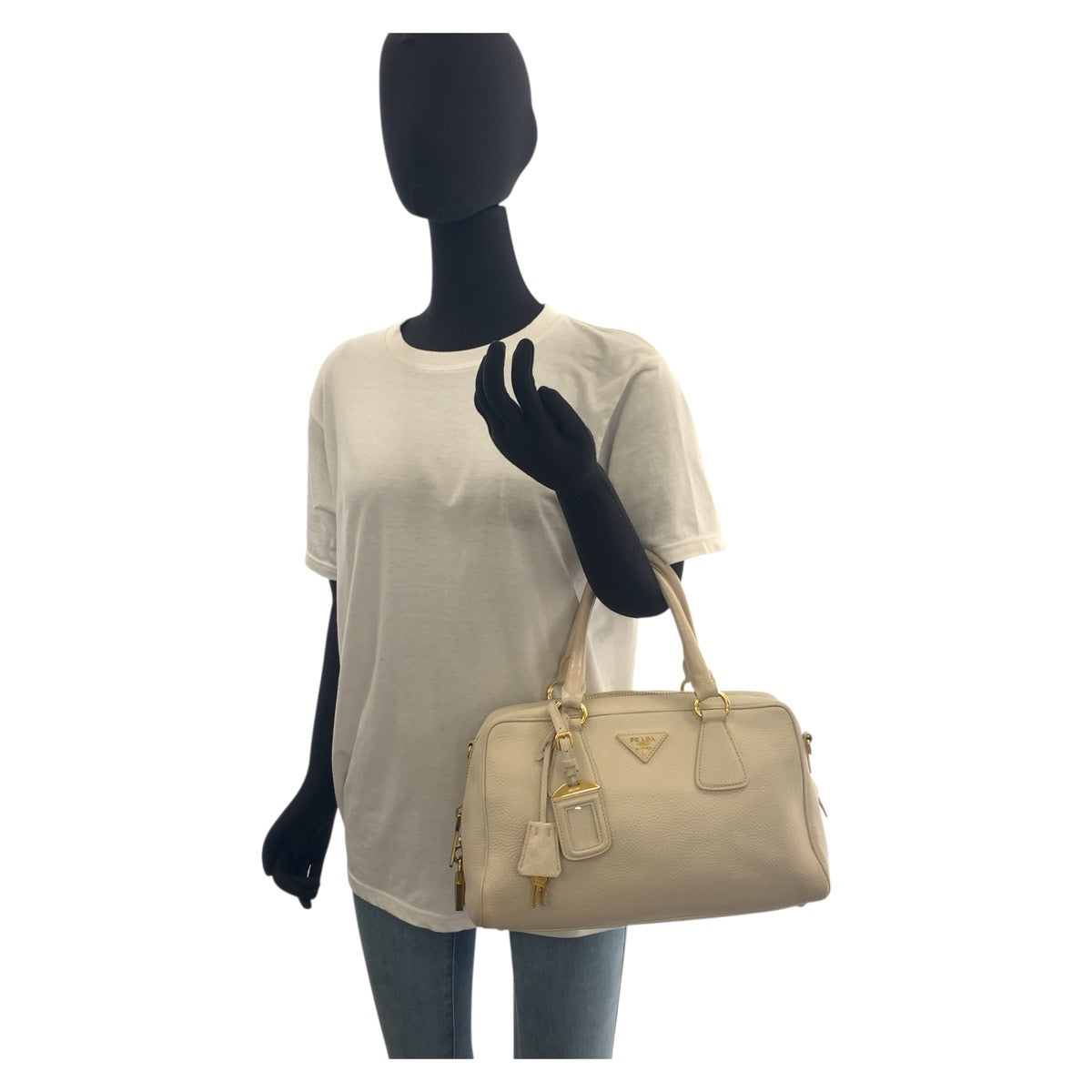 Prada Handbag Leather Beige Ivory Gold Metal Vitterodino Triangle With Logo