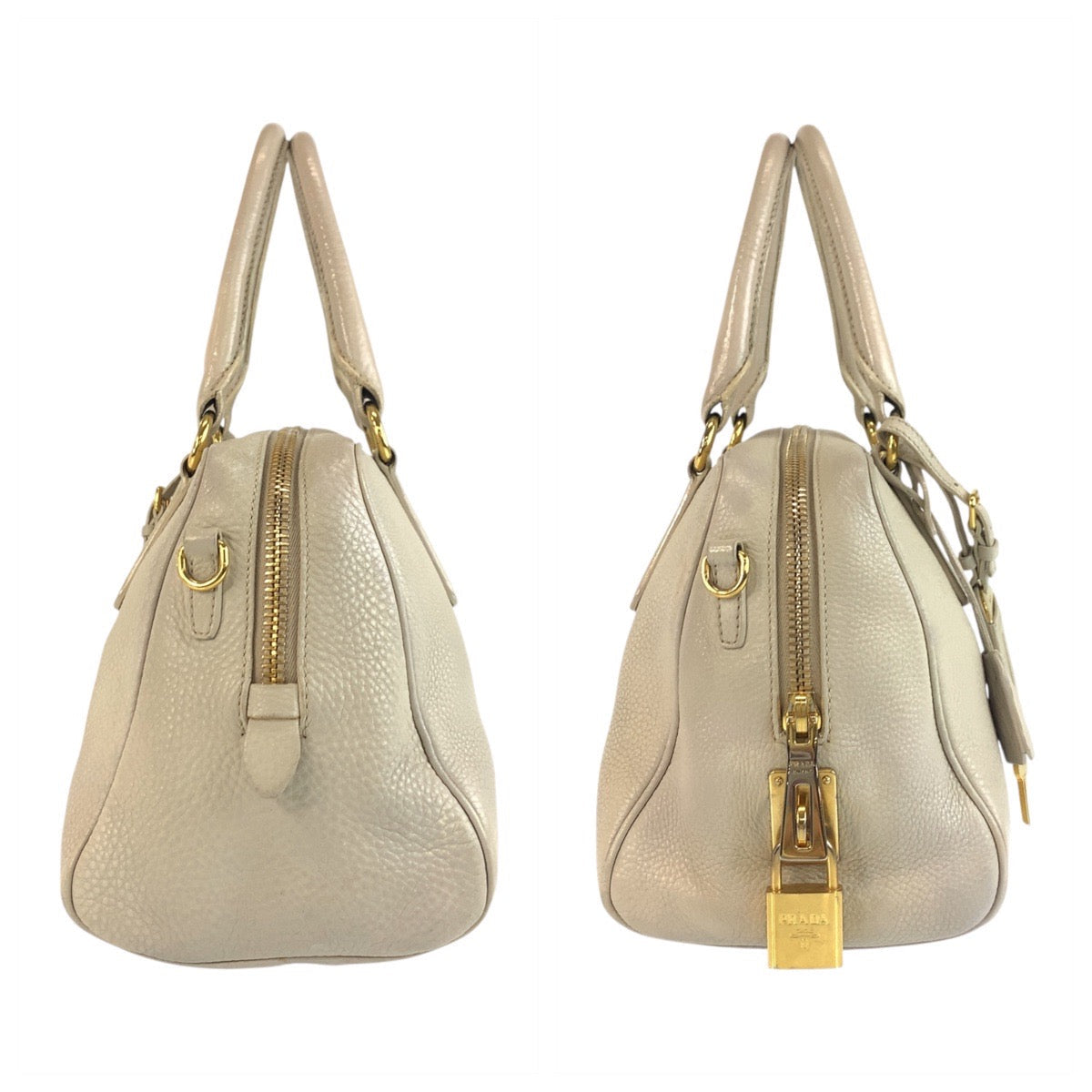 Prada Handbag Leather Beige Ivory Gold Metal Vitterodino Triangle With Logo
