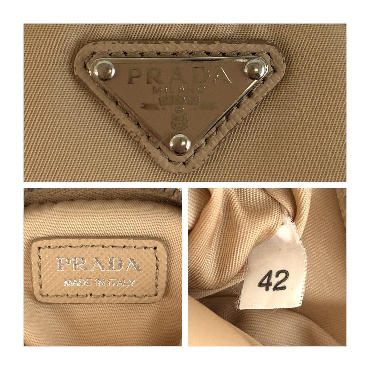 Prada Pouch Nylon Beige Silvermetal Test Triangle With Logo