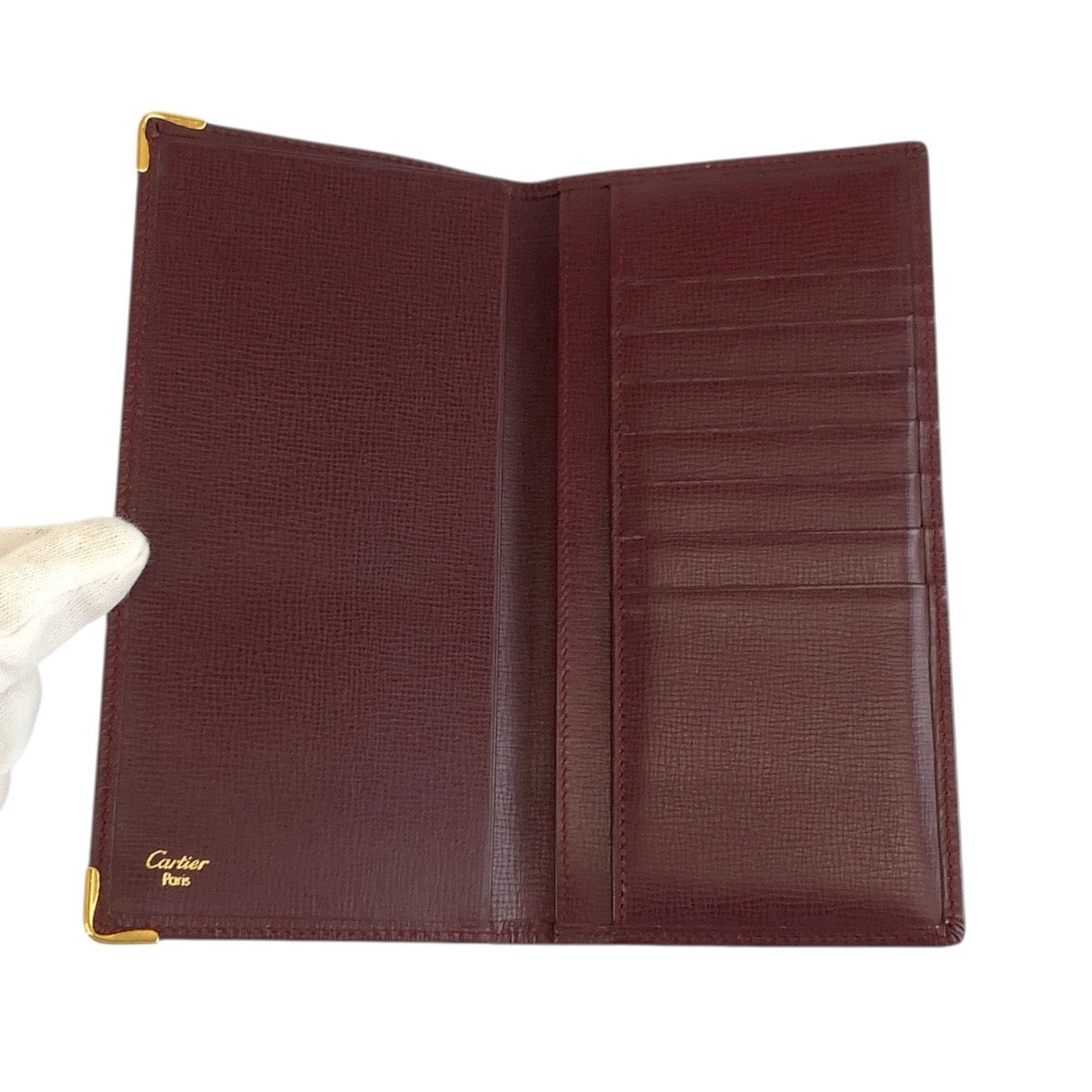 Cartier Long Wallet Purse Leather Bordeaux Gold Metal Must Line