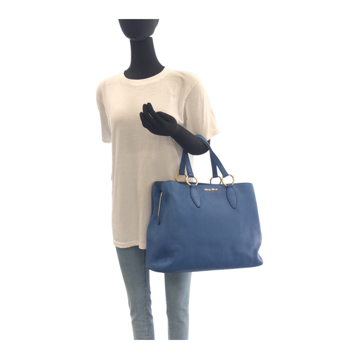 Miumiu Tote Bag Leather Blue Goldmetal Vittello Caribbean