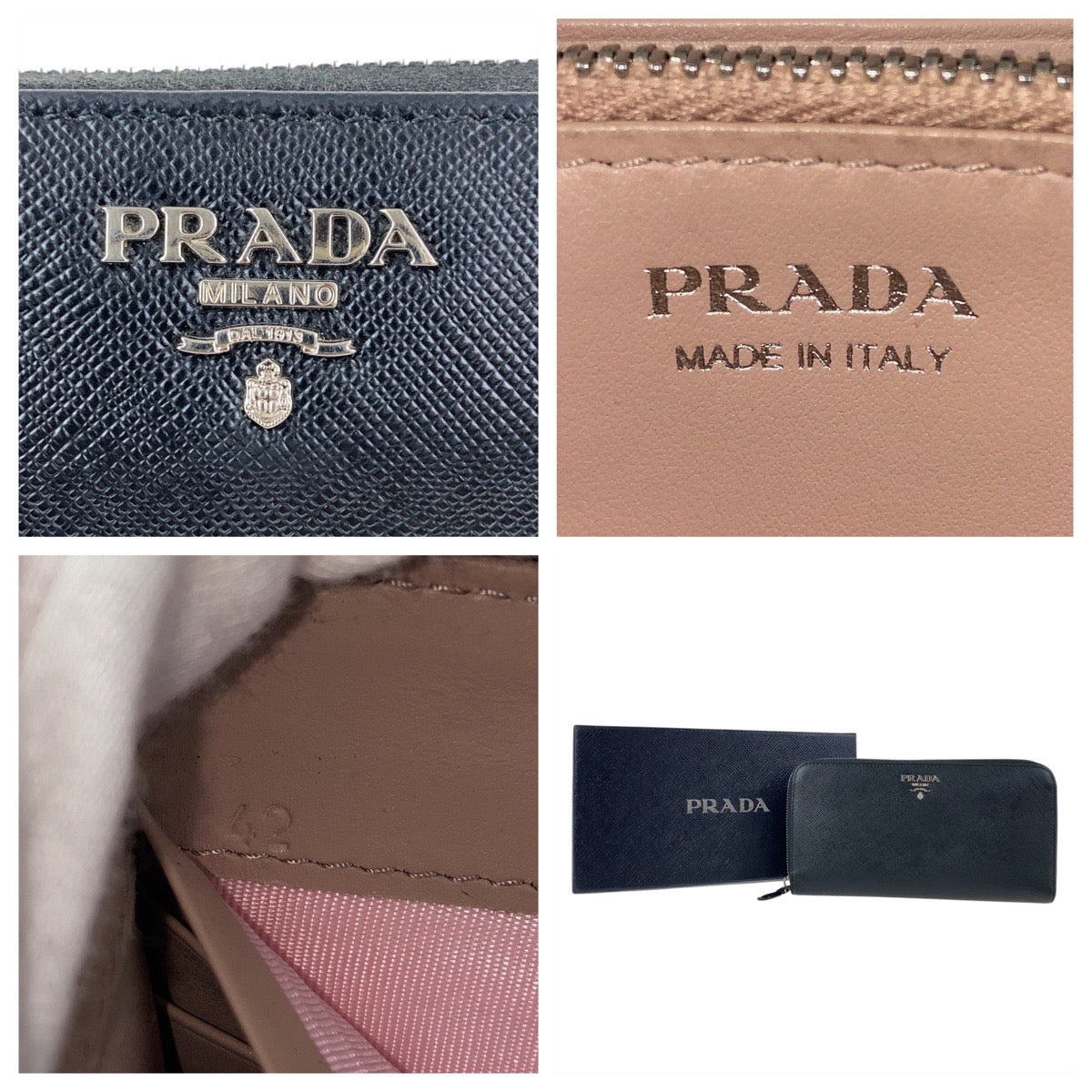 Prada Long Wallet Purse Leather Black Silvermetal Safiano Logo