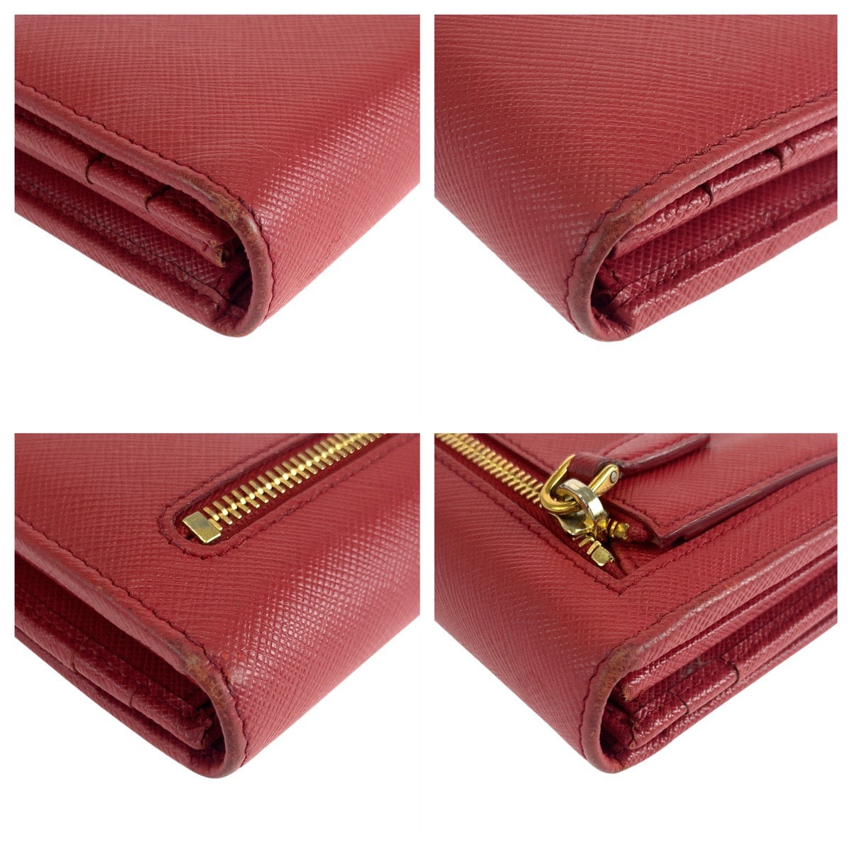 Prada Long Wallet Purse Leather Red Gold Metal Safiano Logo