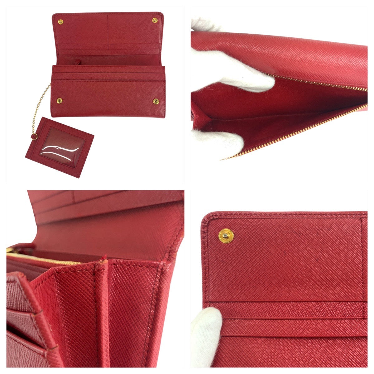 Prada Long Wallet Purse Leather Red Gold Metal Safiano Logo