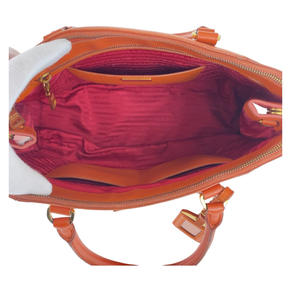 Prada Handbag Leather Orange Red Bicolor Gold Metal Safiano Triangle With Logo