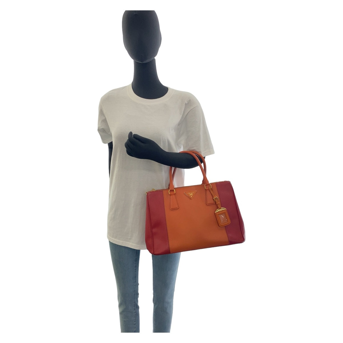Prada Handbag Leather Orange Red Bicolor Gold Metal Safiano Triangle With Logo
