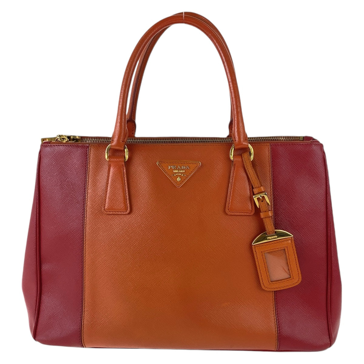 Prada Handbag Leather Orange Red Bicolor Gold Metal Safiano Triangle With Logo
