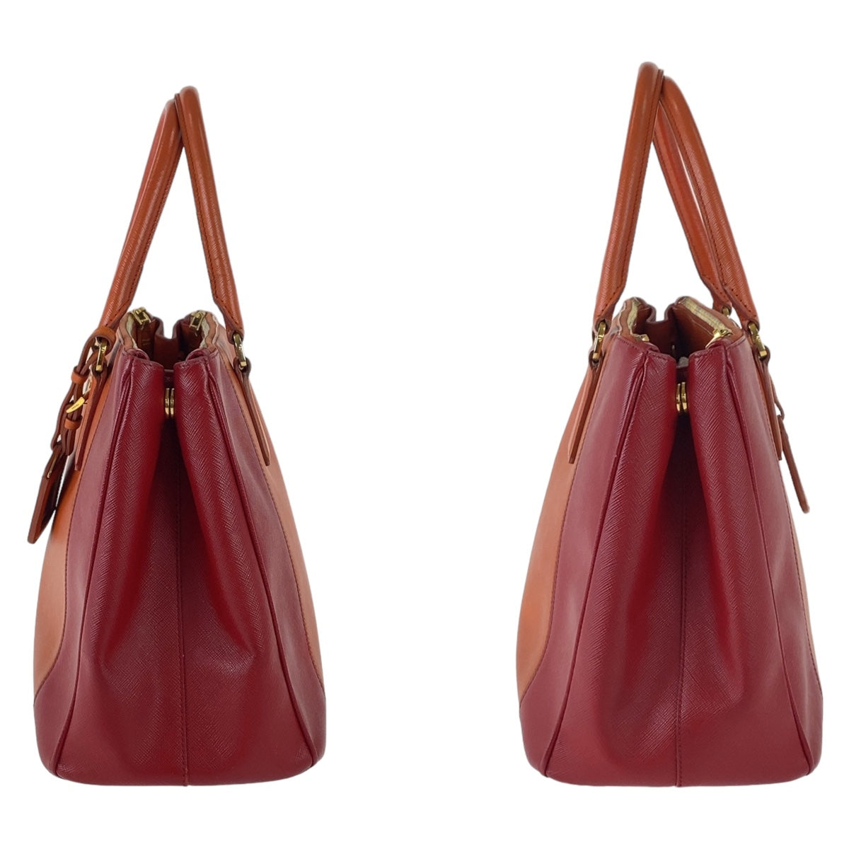 Prada Handbag Leather Orange Red Bicolor Gold Metal Safiano Triangle With Logo