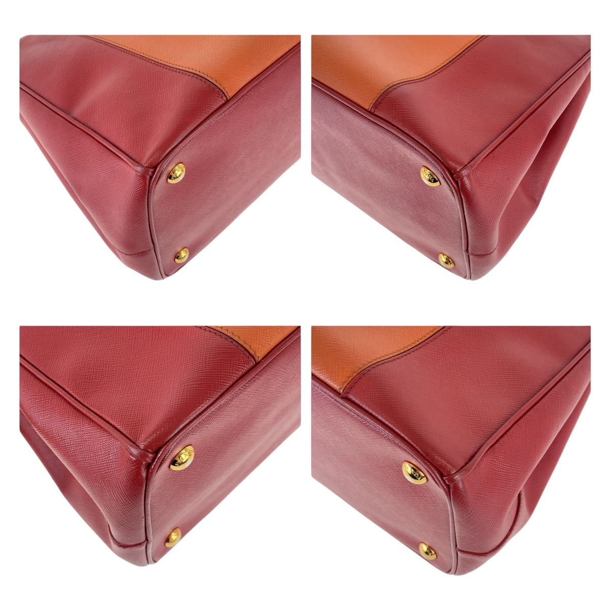 Prada Handbag Leather Orange Red Bicolor Gold Metal Safiano Triangle With Logo