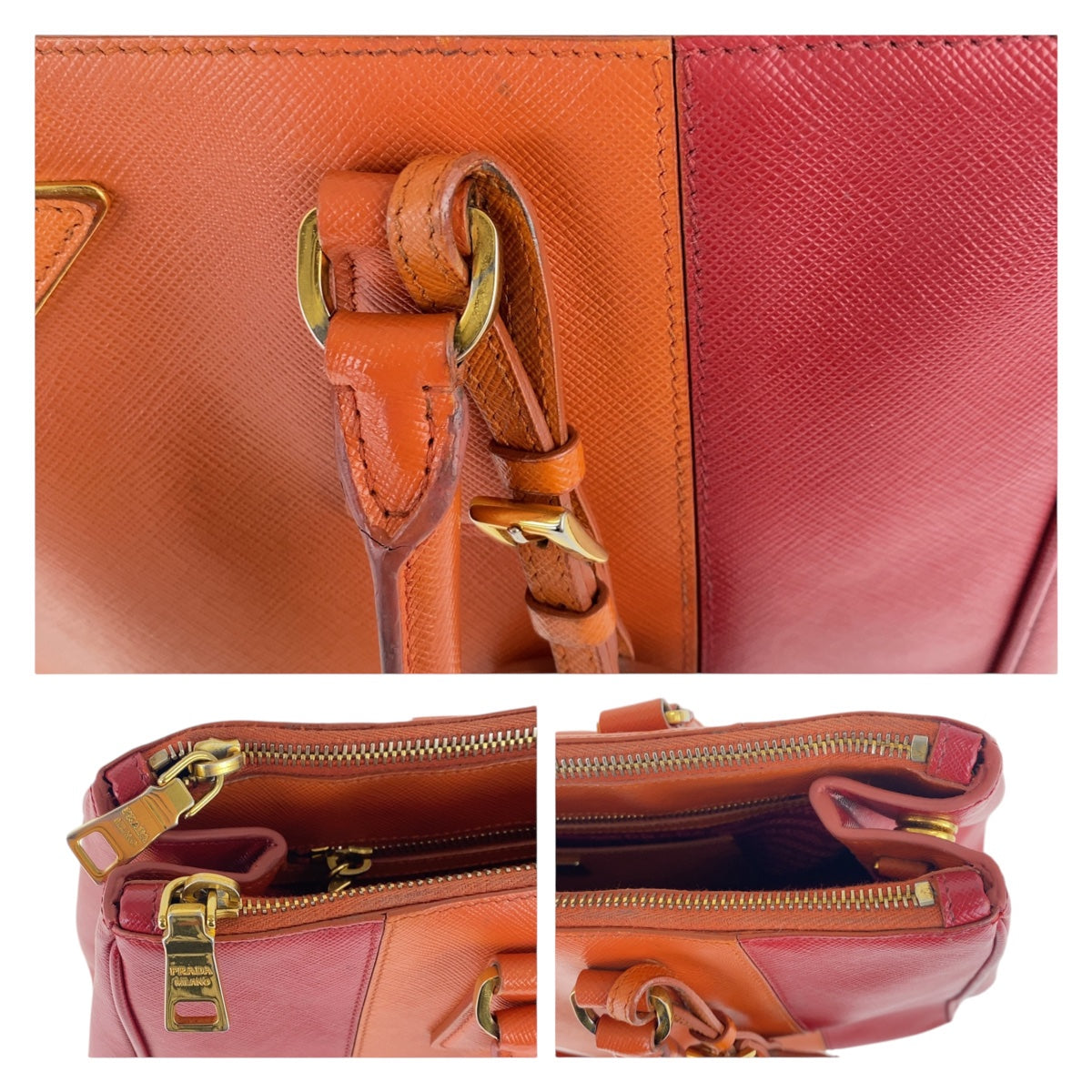 Prada Handbag Leather Orange Red Bicolor Gold Metal Safiano Triangle With Logo