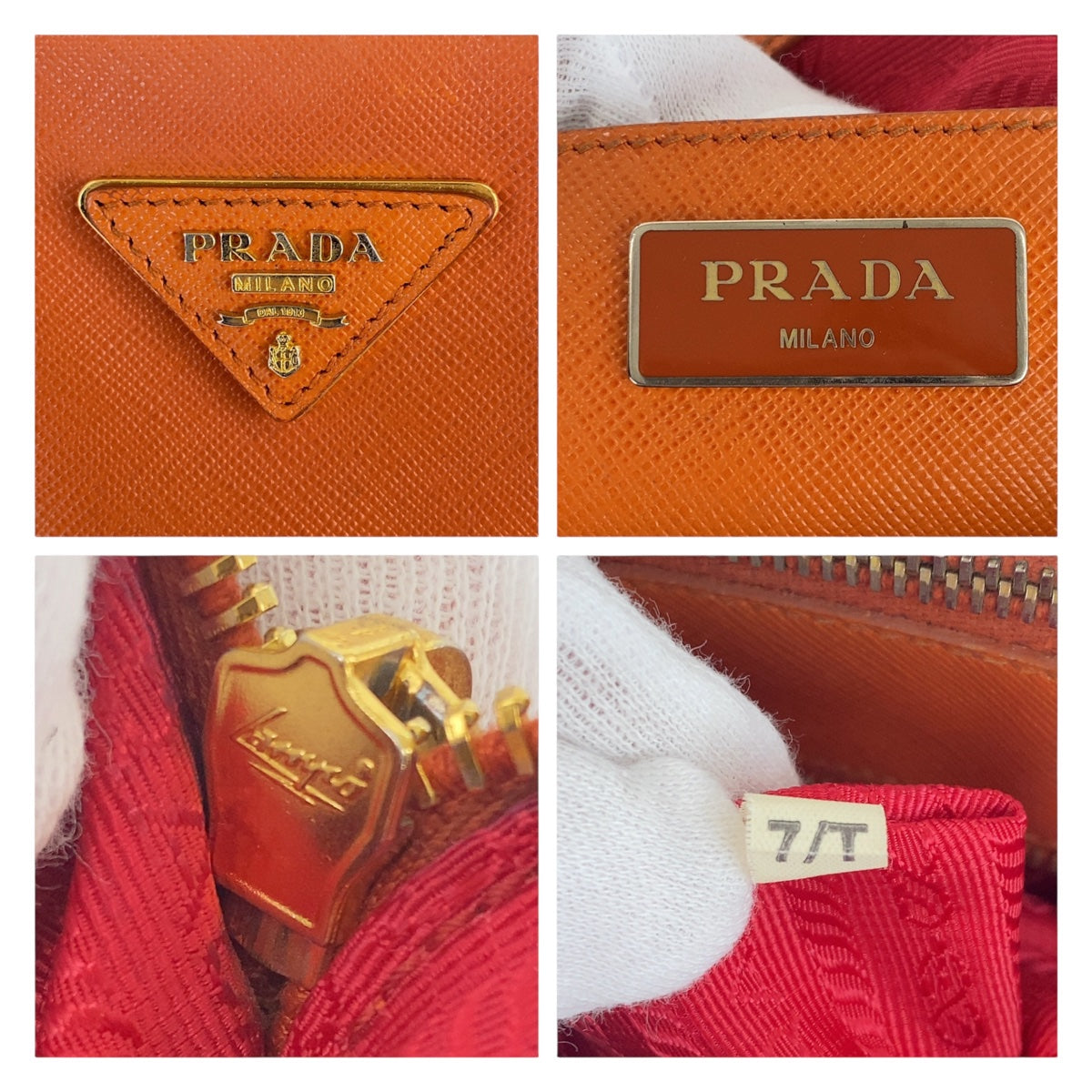 Prada Handbag Leather Orange Red Bicolor Gold Metal Safiano Triangle With Logo