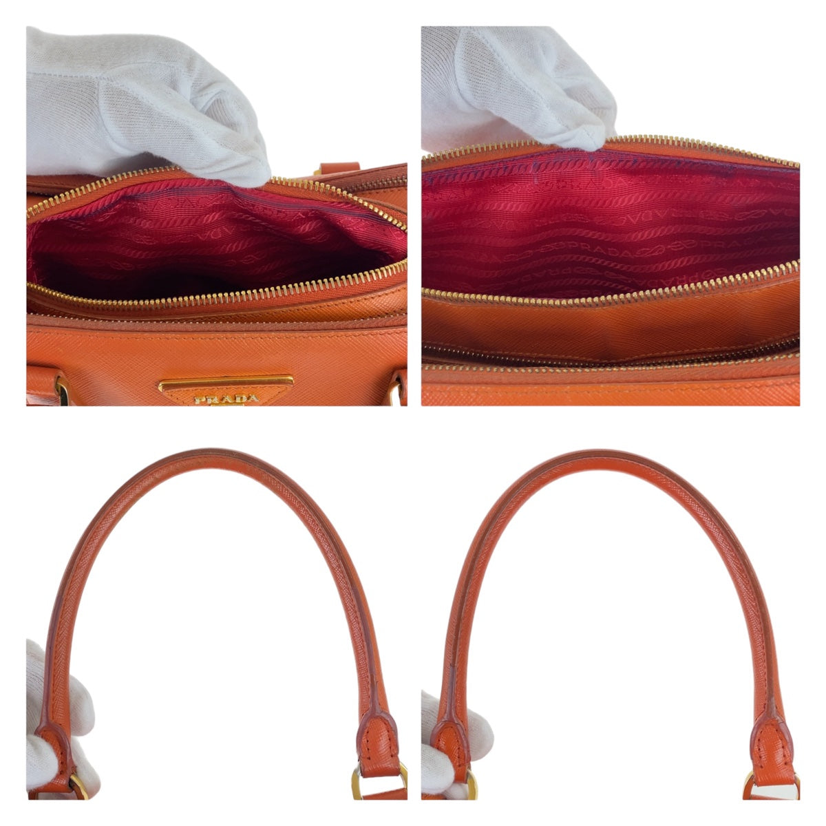 Prada Handbag Leather Orange Red Bicolor Gold Metal Safiano Triangle With Logo