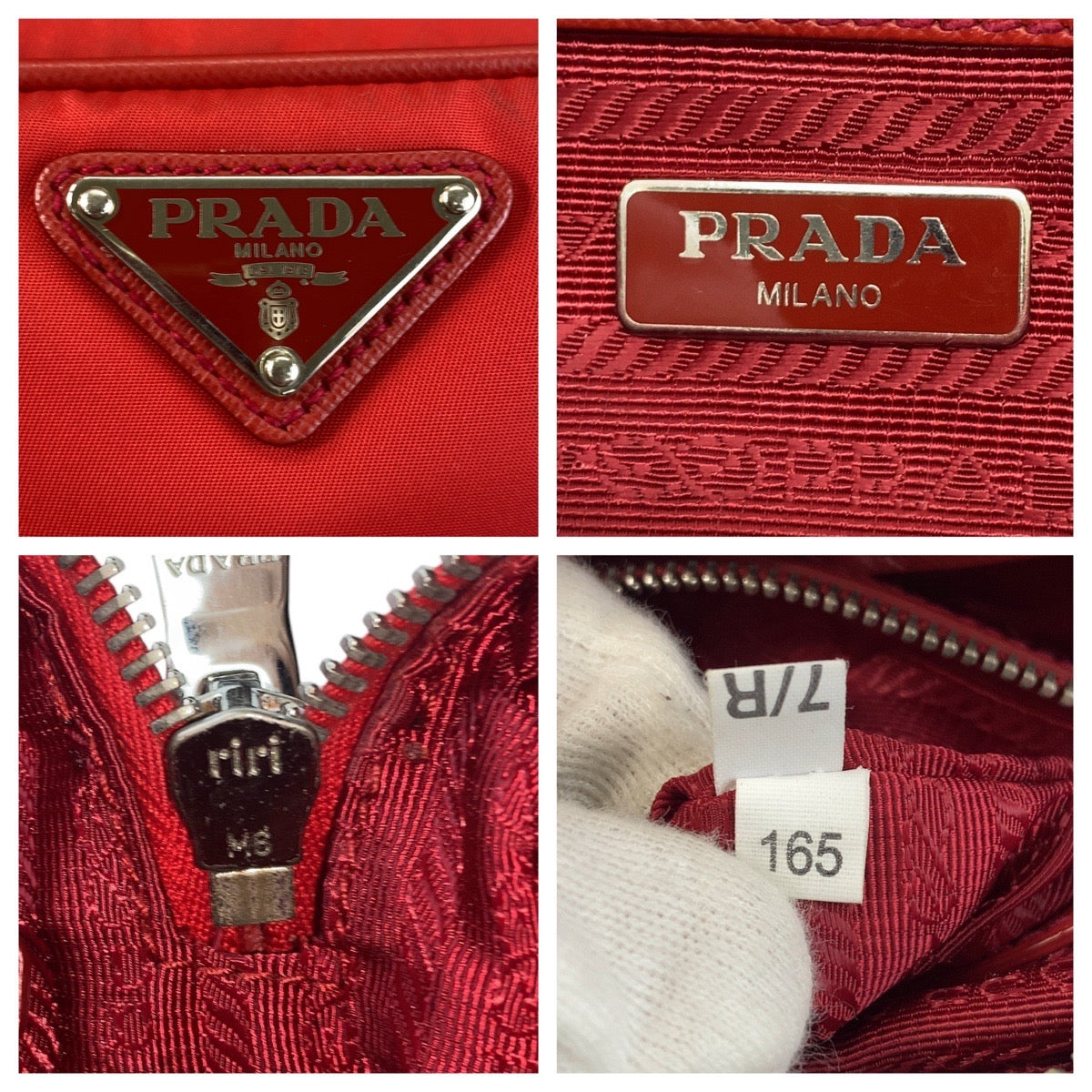 Prada Shoulder Bag Nylon Red Silver Metal Testo Saffiano Triangle With Logo