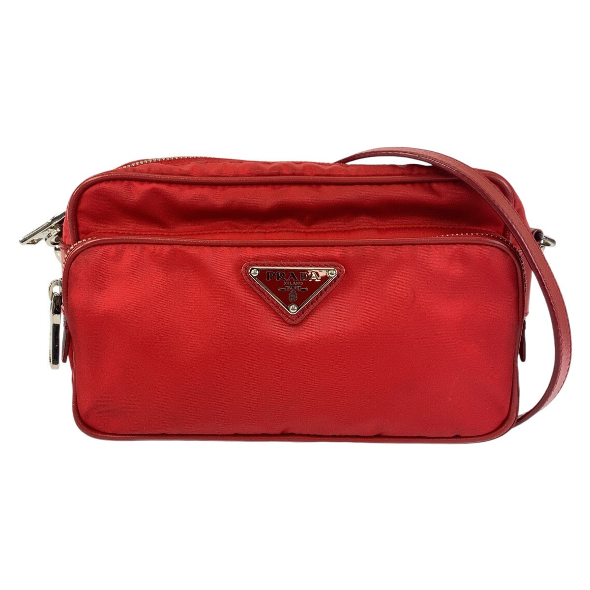Prada Shoulder Bag Nylon Red Silver Metal Testo Saffiano Triangle With Logo