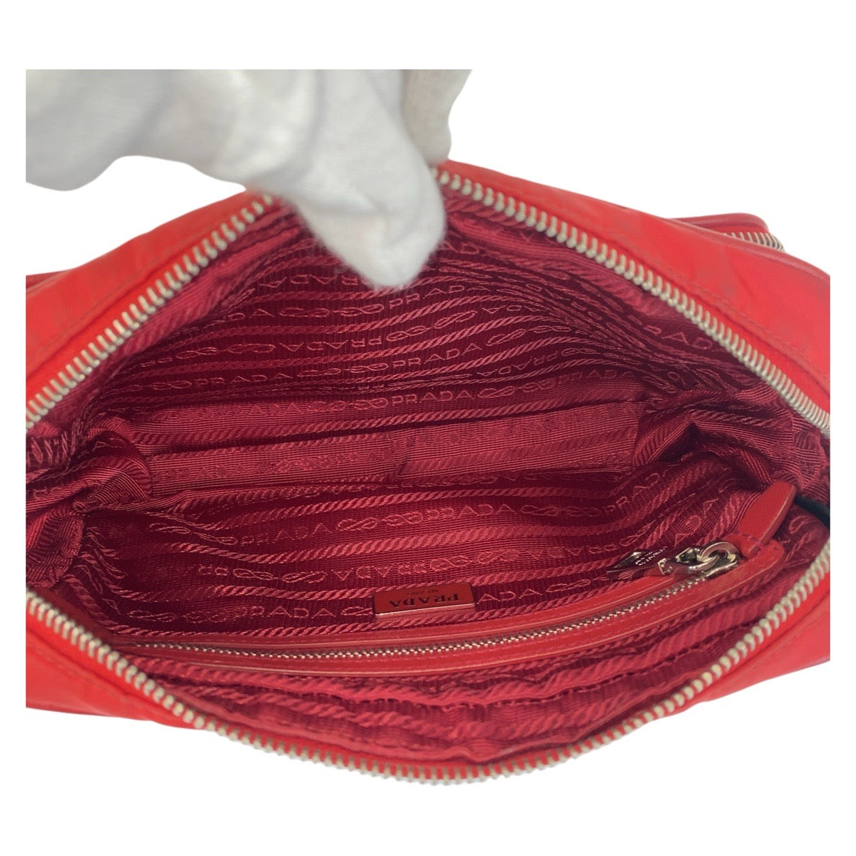 Prada Shoulder Bag Nylon Red Silver Metal Testo Saffiano Triangle With Logo