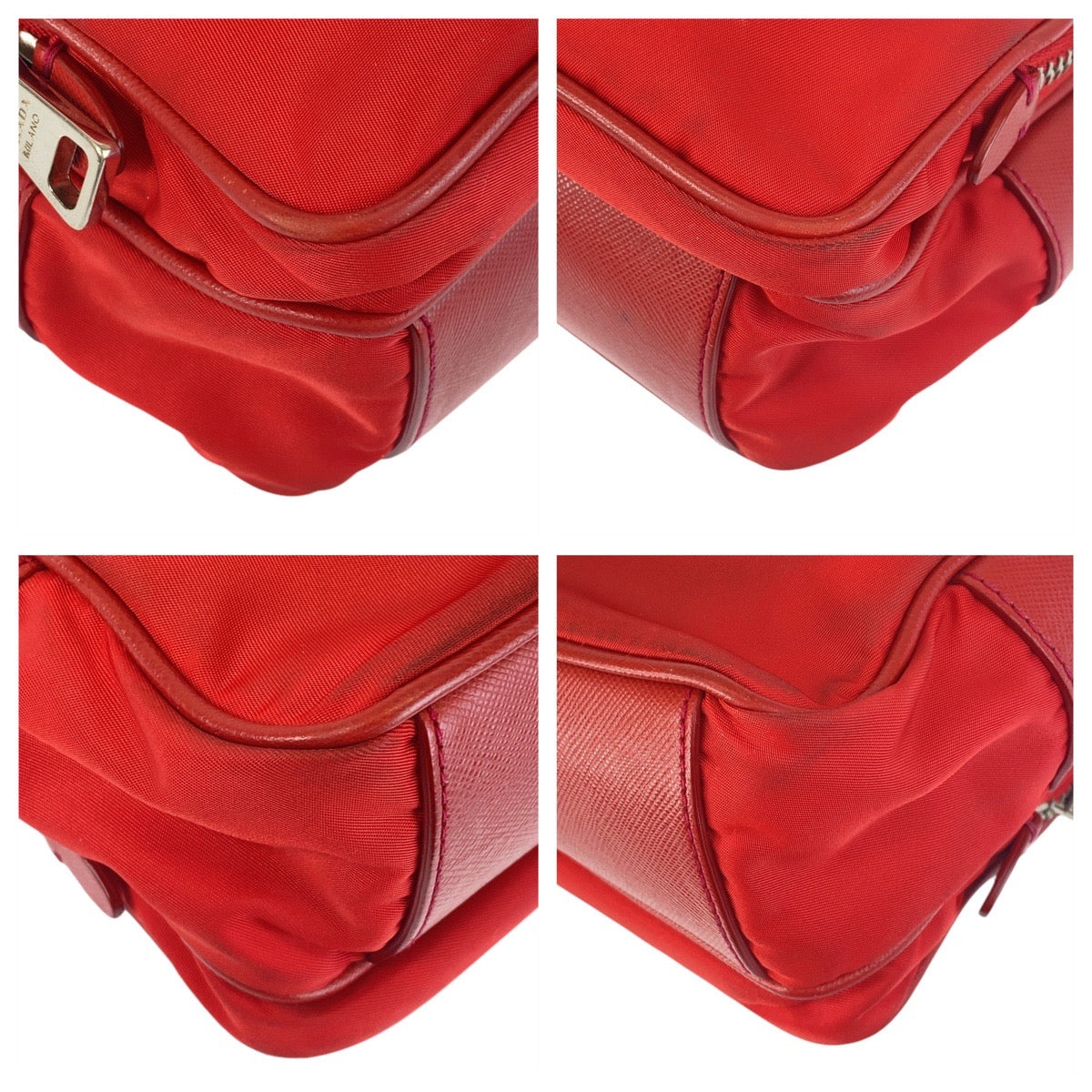 Prada Shoulder Bag Nylon Red Silver Metal Testo Saffiano Triangle With Logo