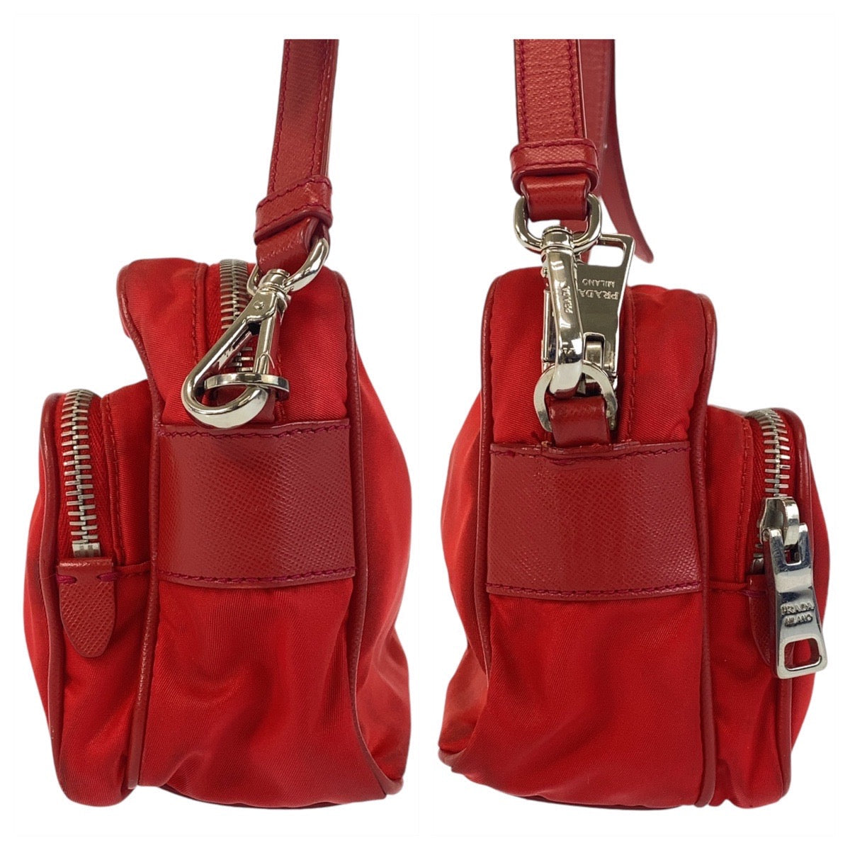 Prada Shoulder Bag Nylon Red Silver Metal Testo Saffiano Triangle With Logo